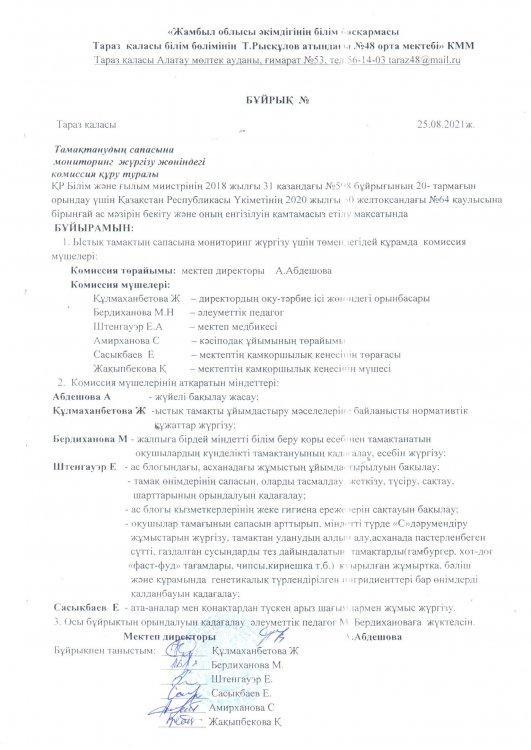 Тамақтанудың сапасына мониторинг комиссиясын құру туралы