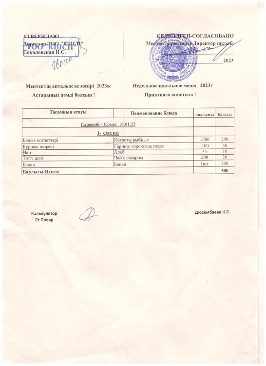Мектеп ас мәзірі бір күндік