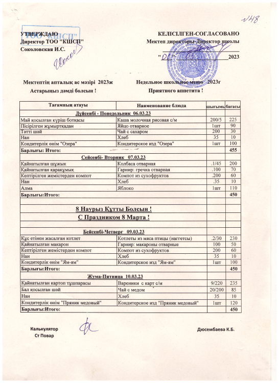 Апталық ас мәзірі. 06.03-10.03.2023 ж.