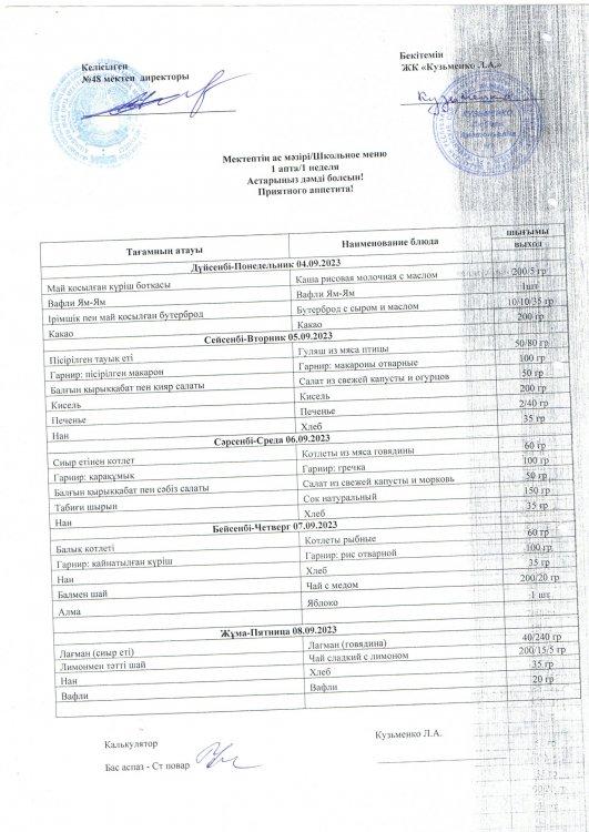 Апталық ас мәзірі
