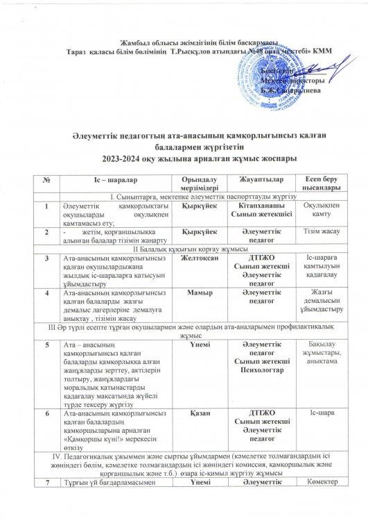Ата-ана  қамқорлығынсыз қалған балалармен жүргізілетін жұмыс жоспары