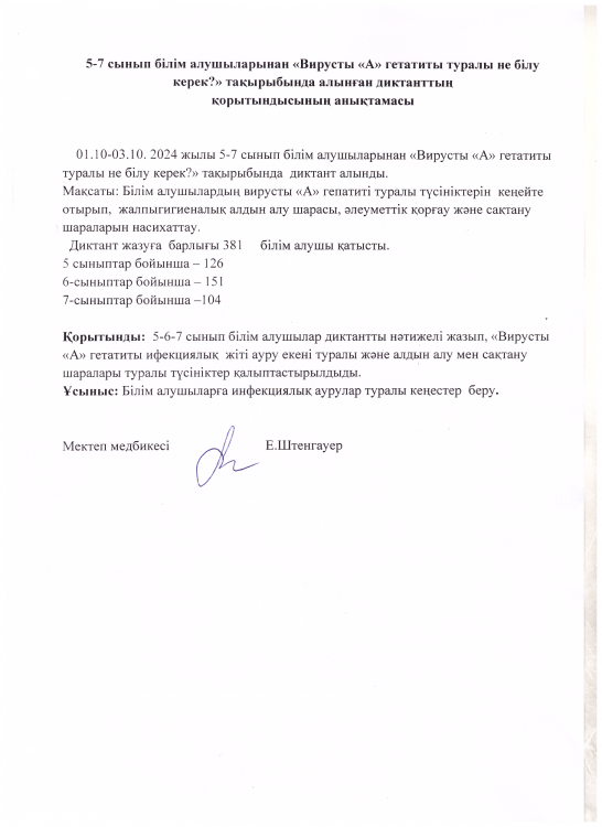 5-7 сынып білім алушыларнан алынған "Вирусты "А" гепатиты туралы не білу керек?"диктант. Анықтама