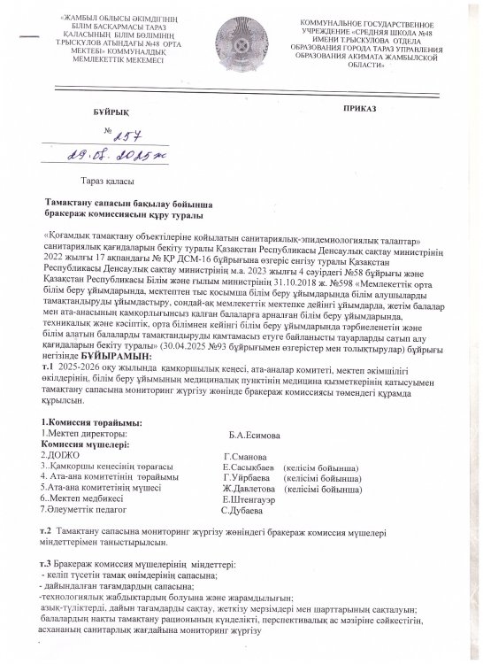Тамақтану сапасын бақылау бойынша бракераж комиссиясын құру туралы