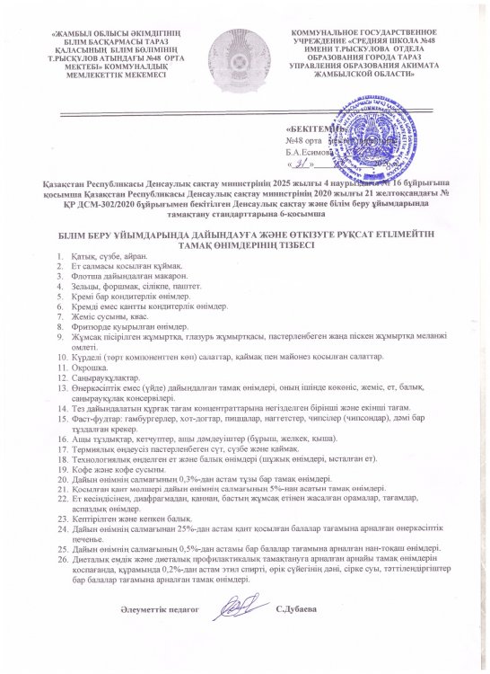 Білім беру ұйымдарында дайындауға және өткізуге рұқсат етілмейтін тамақ өнімдерінің тізбесі